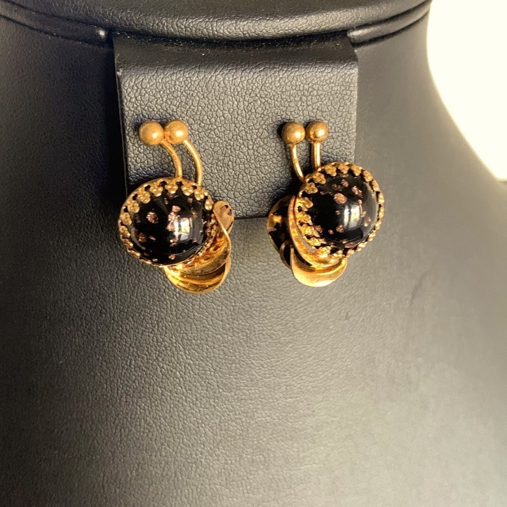 Stunning Continental Gold flecks Black Caged Clip Earrings, Gold tone, Stamped